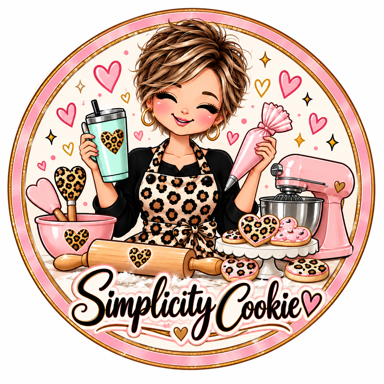 Simplicity Cookie round baker logo with pink and mint accessories
